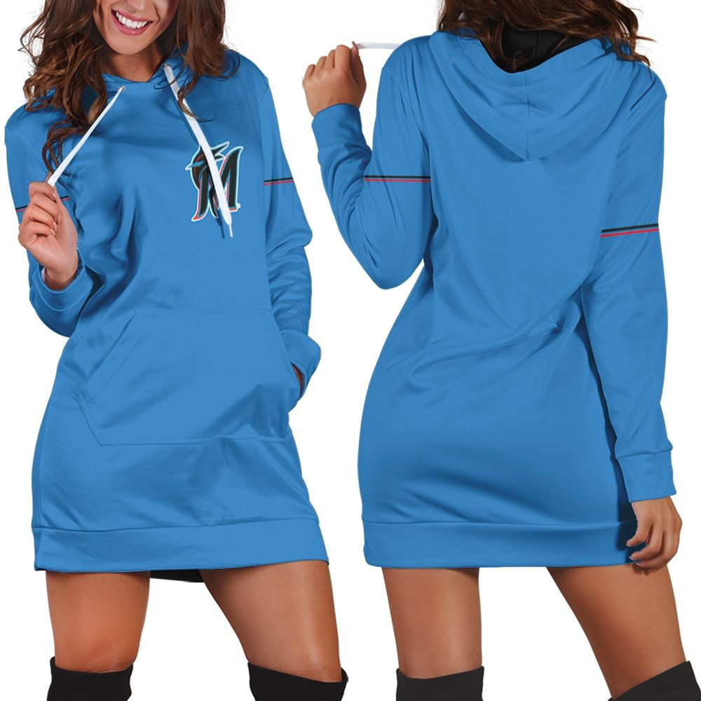 Miami Marlins Alternate 2019 Team Blue Thunder 2019 Jersey Inspired Style Hoodie Dress Sweater Dress Sweatshirt Dress