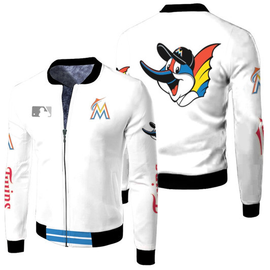 Miami Marlins Mlb Baseball Team Billy The Marlin Logo White Fleece Bomber Jacket