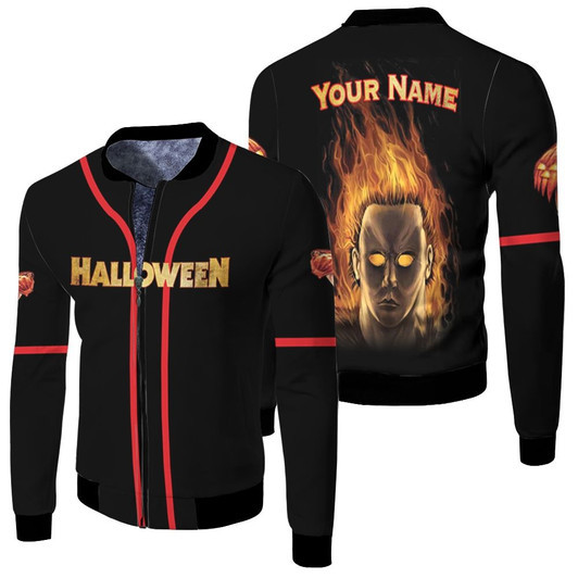 Michael Myers Horror Face Fire Halloween Custom Name Gift For Myers Fans And Halloween Lovers Fleece Bomber Jacket