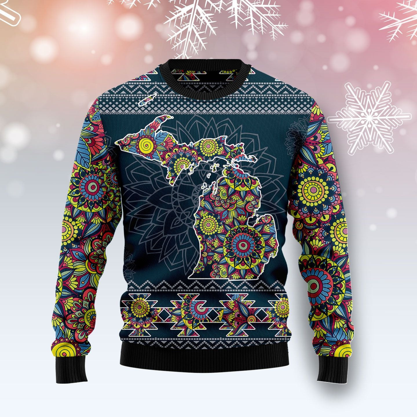 Michigan Blue Mandala Ugly Christmas Sweater, Ugly Sweater For Men Women, Holiday Sweater