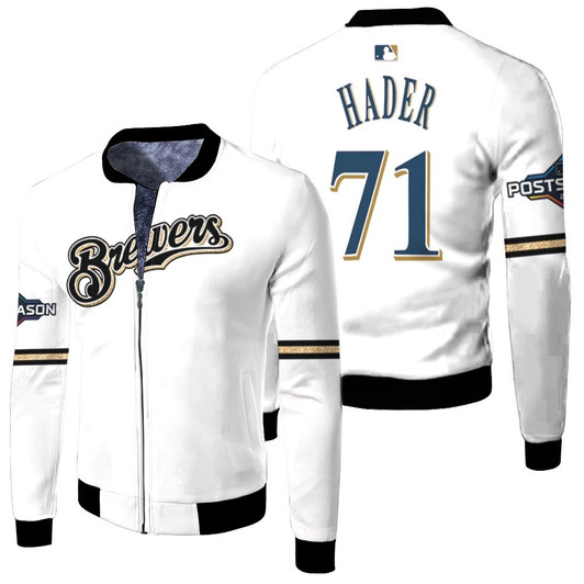 Milwaukee Brewers Josh Hader 71 Mlb 2019 Postseason Player White Jersey Style Gift For Brewers Fans Fleece Bomber Jacket