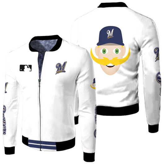 Milwaukee Brewers Mlb Baseball Team Bernie Brewer Logo White Fleece Bomber Jacket