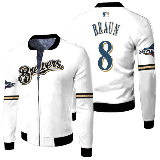 Milwaukee Brewers Ryan Braun 8 Mlb 2019 Postseason Player White Jersey Style Gift For Brewers Fans Fleece Bomber Jacket