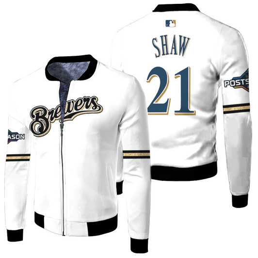 Milwaukee Brewers Travis Shaw 21 Mlb 2019 Postseason Player White Jersey Style Gift For Brewers Fans Fleece Bomber Jacket