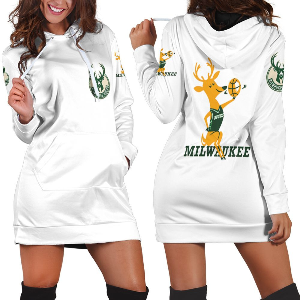 Milwaukee Bucks Basketball Classic Mascot Logo Gift For Bucks Fans White Hoodie Dress Sweater Dress Sweatshirt Dress
