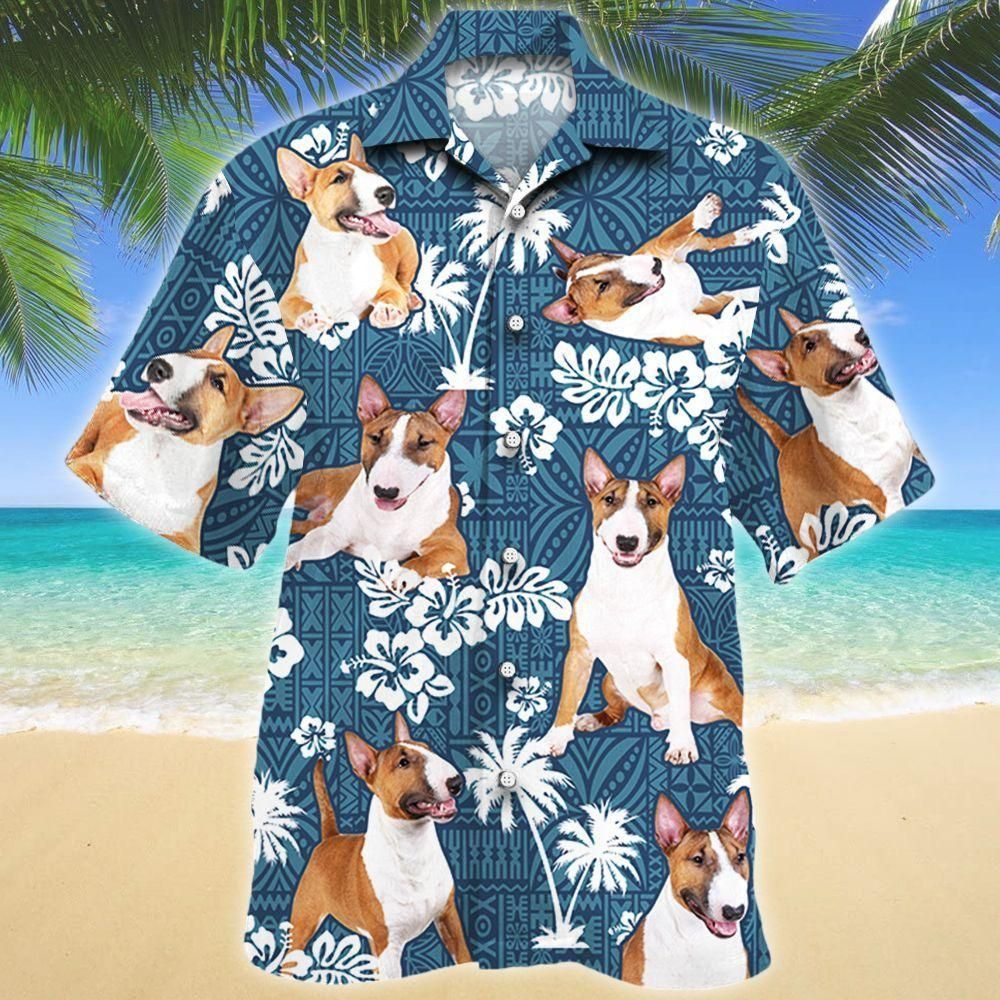 Miniature Bull Terrier Dog Blue Tribal Aloha Hawaiian Shirt Colorful Short Sleeve Summer Beach Casual Shirt For Men And Women