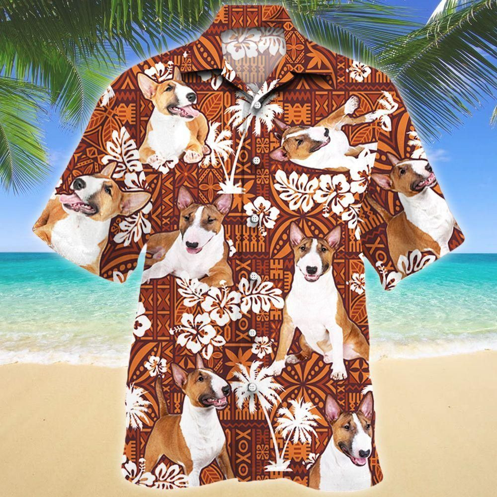 Miniature Bull Terrier Dog Red Tribal Aloha Hawaiian Shirt Colorful Short Sleeve Summer Beach Casual Shirt For Men And Women