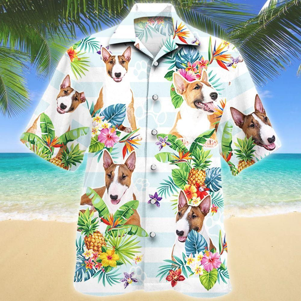 Miniature Bull Terrier Dog Tropical Flower Aloha Hawaiian Shirt Colorful Short Sleeve Summer Beach Casual Shirt For Men And Women