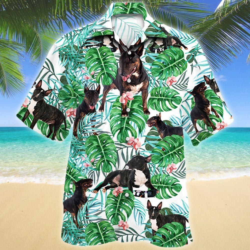 Miniature Bull Terrier Dog Tropical Plant Aloha Hawaiian Shirt Colorful Short Sleeve Summer Beach Casual Shirt For Men And Women