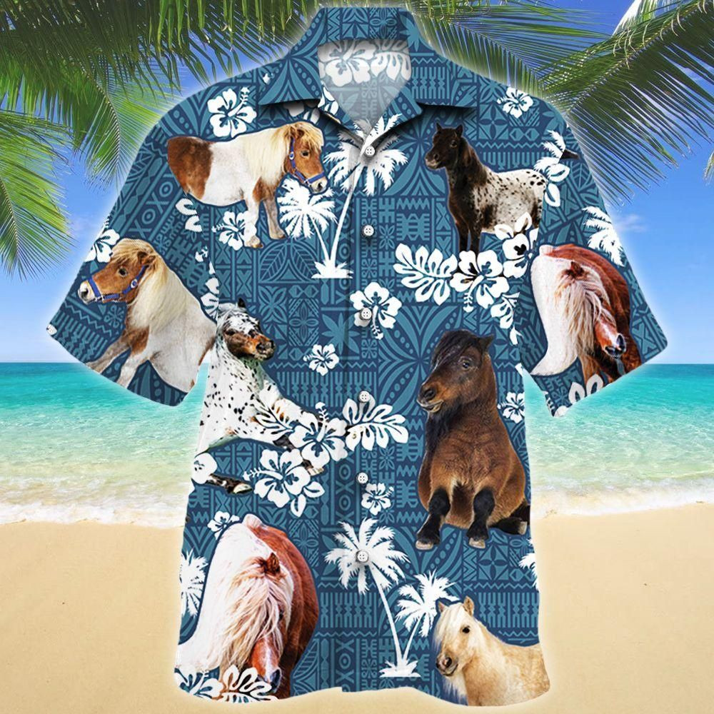 Miniature Horse Blue Tribal Aloha Hawaiian Shirt Colorful Short Sleeve Summer Beach Casual Shirt For Men And Women