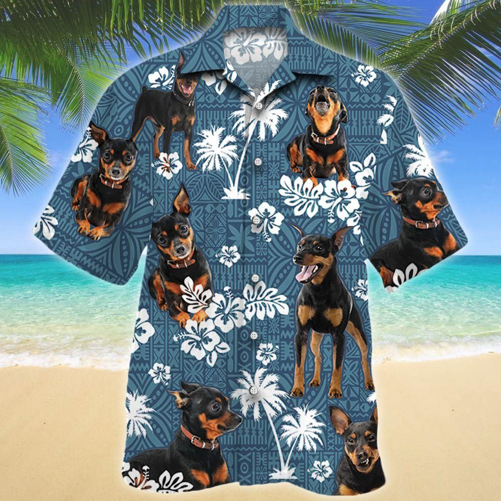 Miniature Pinscher Dog Blue Tribal Aloha Hawaiian Shirt Colorful Short Sleeve Summer Beach Casual Shirt For Men And Women