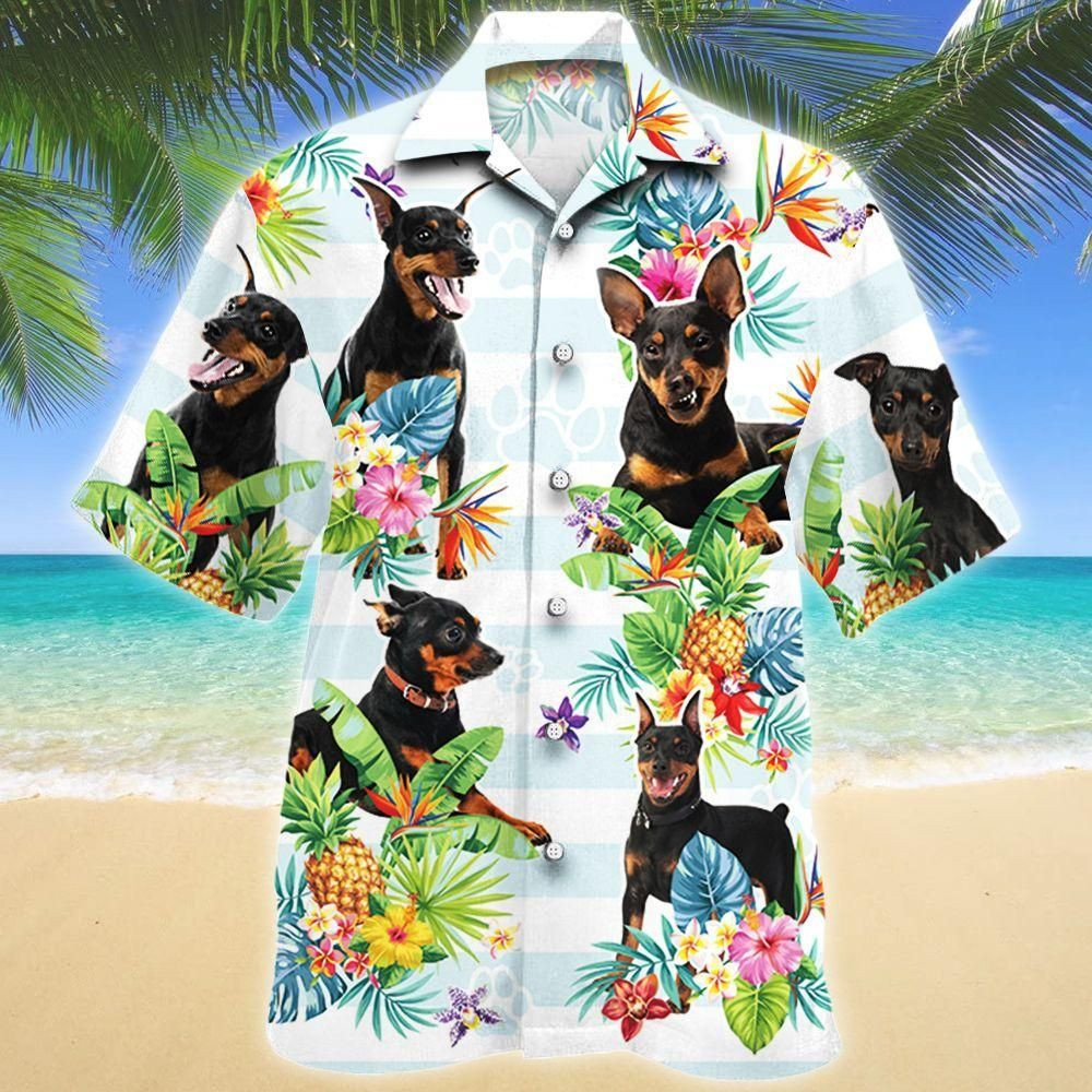 Miniature Pinscher Dog Tropical Flower Aloha Hawaiian Shirt Colorful Short Sleeve Summer Beach Casual Shirt For Men And Women