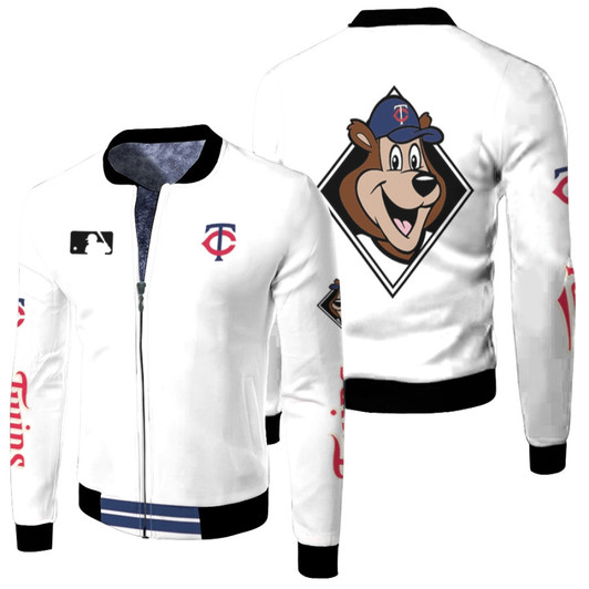 Minnesota Twins Mlb Baseball Team Tc Bear Logo White Fleece Bomber Jacket