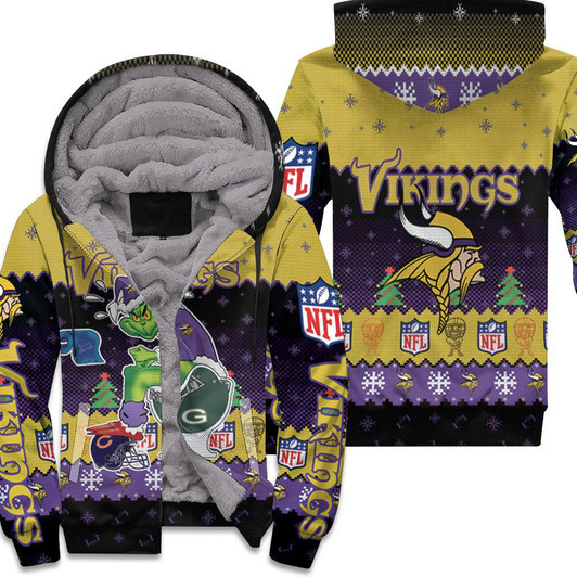 Minnesota Viking Christmas Grinch In Toilet Knitting Pattern Sweatshirt 3D Fleece Hoodie