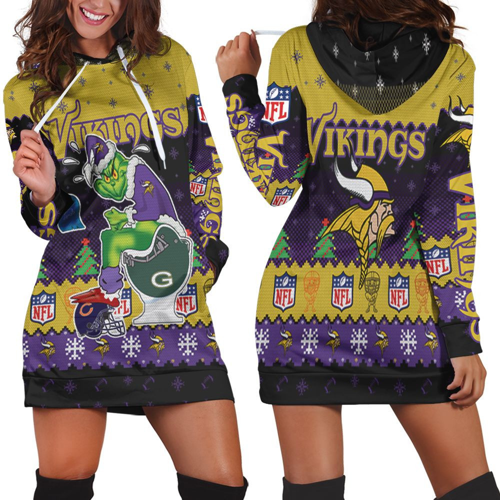 Minnesota Viking Christmas Grinch In Toilet Knitting Pattern Sweatshirt 3d Hoodie Dress For Women