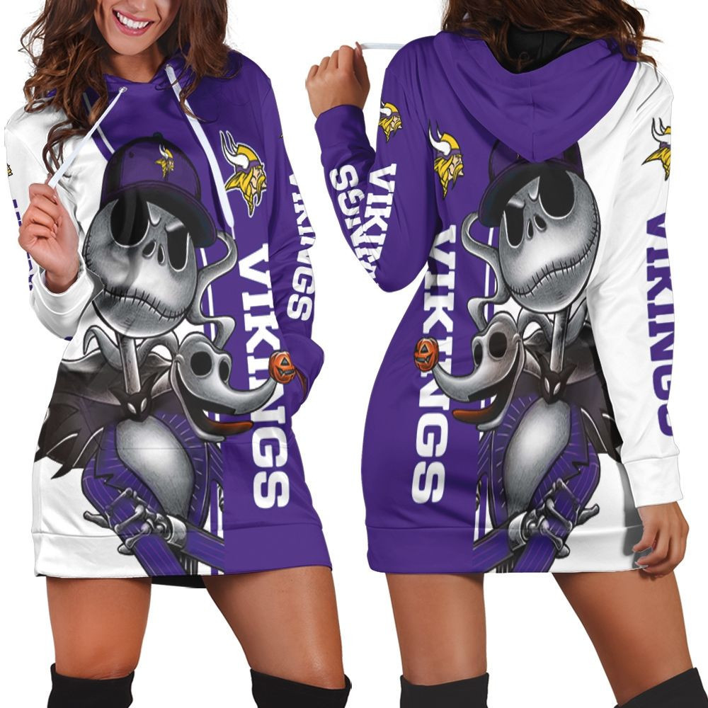 Minnesota Vikings Jack Skellington And Zero Hoodie Dress Sweater Dress Sweatshirt Dress