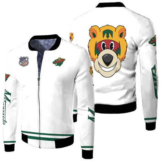 Minnesota Wild Nhl Ice Hockey Team Nordy Logo Mascot White Fleece Bomber Jacket