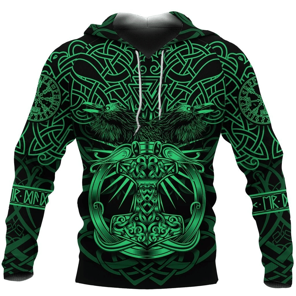 Mjolnir Hoodie Celtic Raven Version Green Viking 3D All Over Print