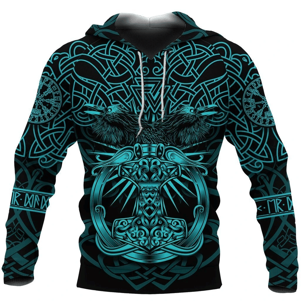 Mjolnir Hoodie Celtic Raven Version Turquoise Viking 3D All Over Print