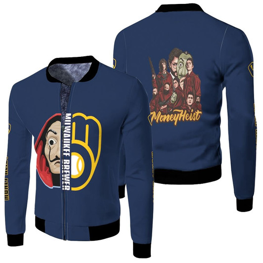 Money Heist Milwaukee Brewers Crossovers Dark Blue Fleece Bomber Jacket