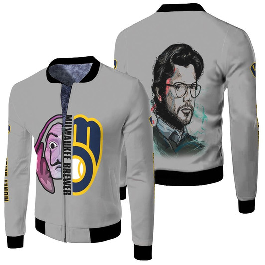 Money Heist Professor Milwaukee Brewers GreyFleece Bomber Jacket