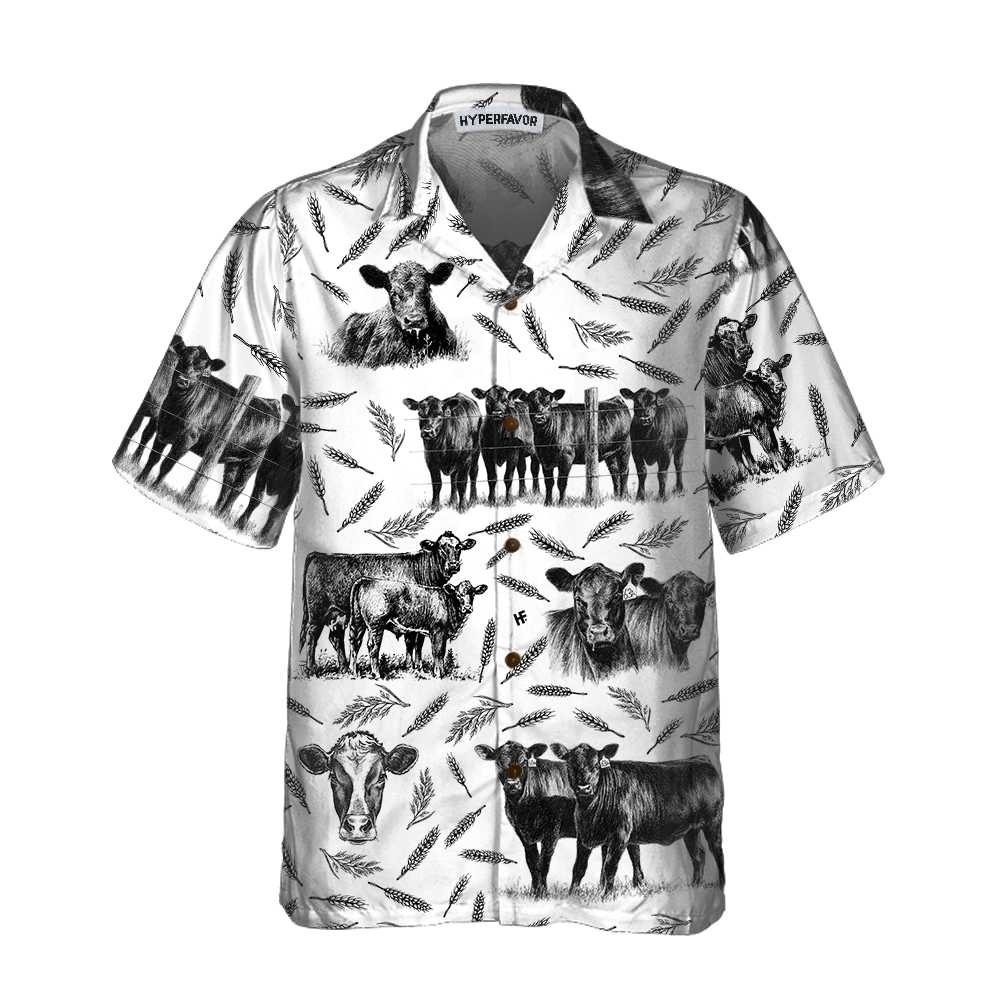 Monochrome Black Angus And Wheat Pattern Cow Hawaiian Shirt Funny Hawaiian Shirt With Cows