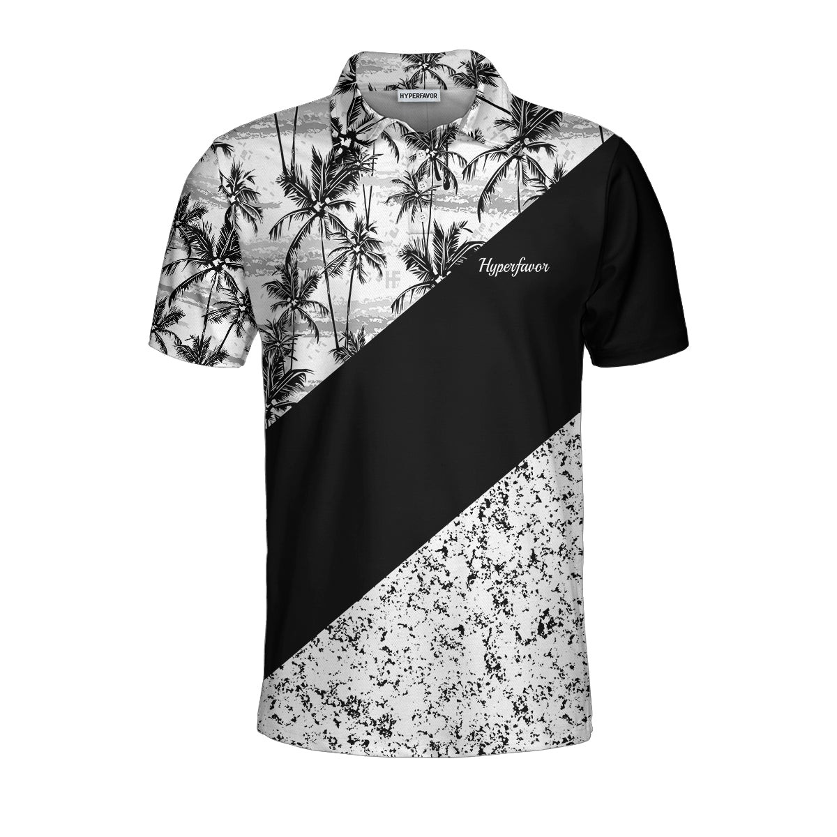 Monochrome Tropical Pattern Polo Shirt Black And White Tropical Themed Polo Shirt Design Summer Vibe Shirt