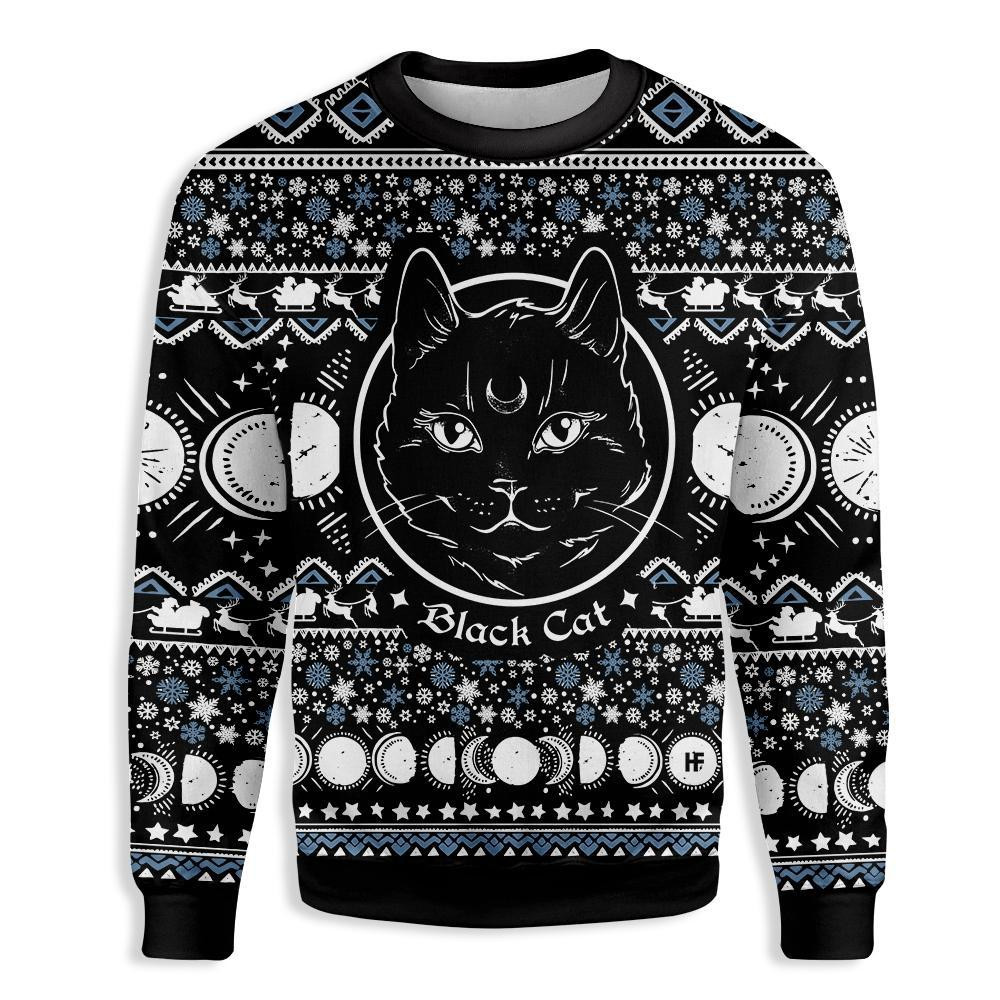 Moon Phase Cute Cat Christmas Wicca Ugly Christmas Sweater Ugly Sweater For Men Women, Holiday Sweater