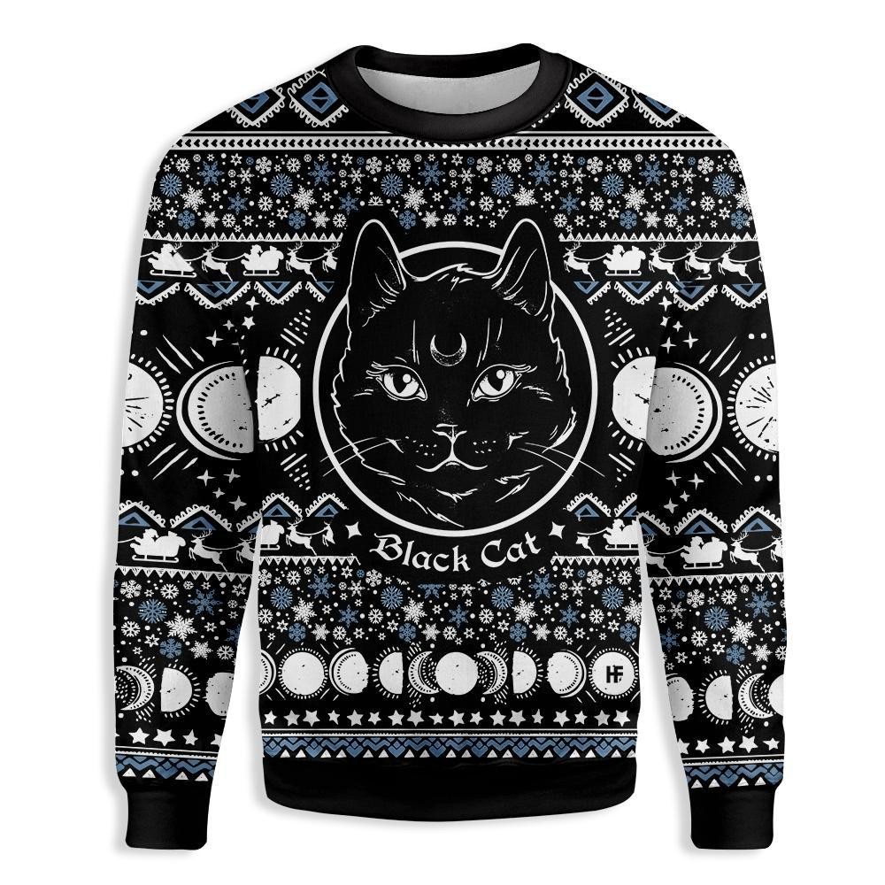 Moon Phase Cute Cat Christmas Wicca Ugly Christmas Sweater
