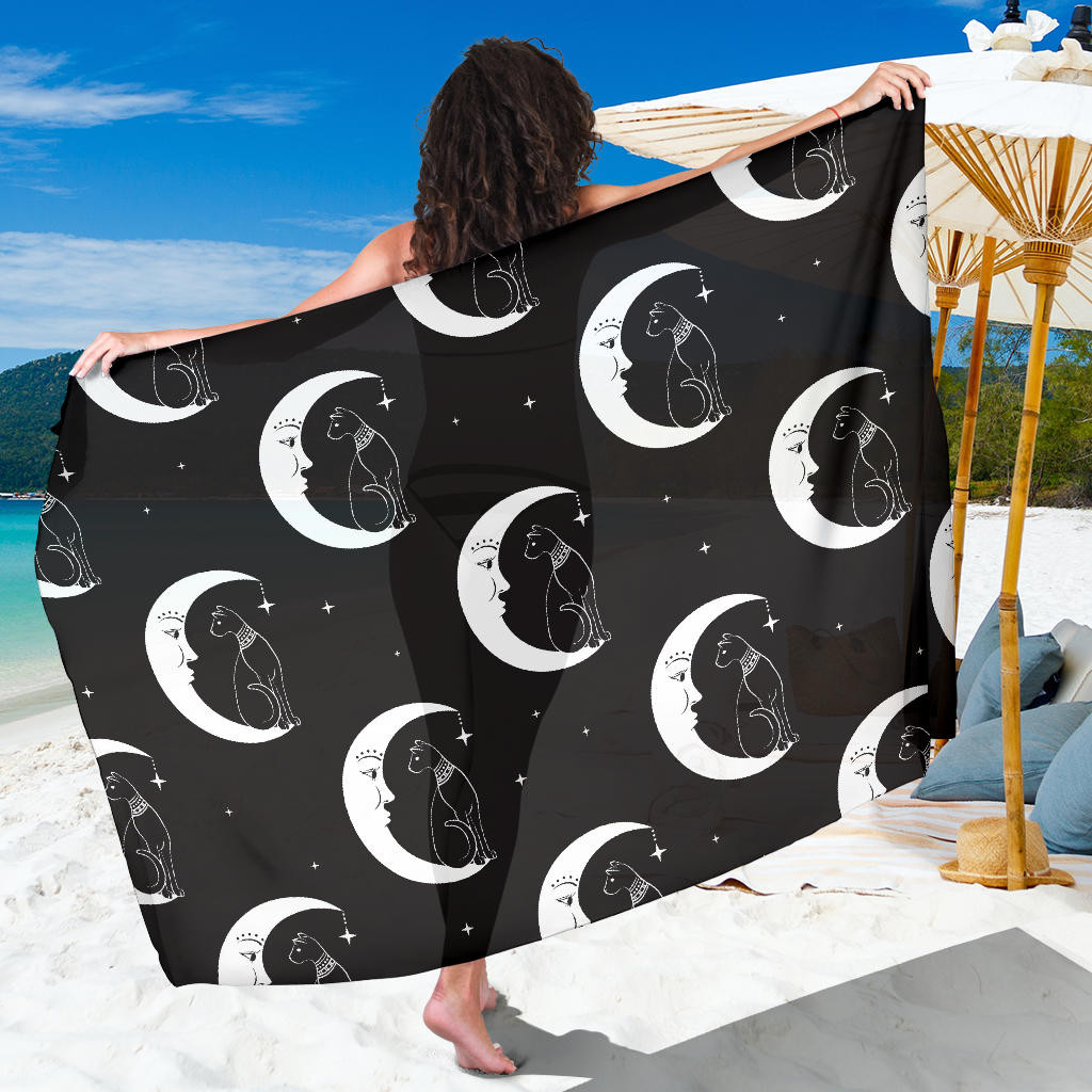 Moon with Cat Pattern Print Sarong Cover Up Moon with Cat Pareo Wrap Skirt Dress