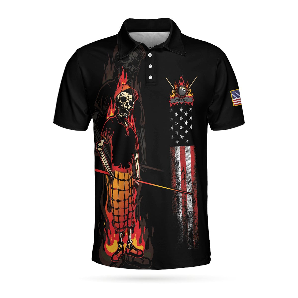 Mr Bones 8 Ball American Flag Billiards Short Sleeve Polo Shirt Cool Skeleton Billiards Shirt For Men