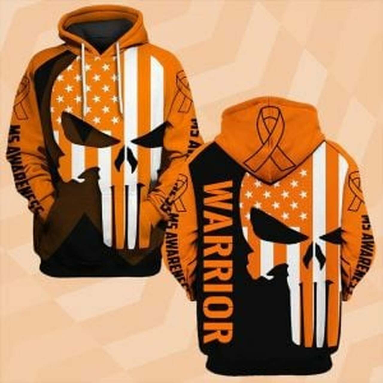 Ms Awareness Skull Orange Ribbon 3d All Over Print Hoodie