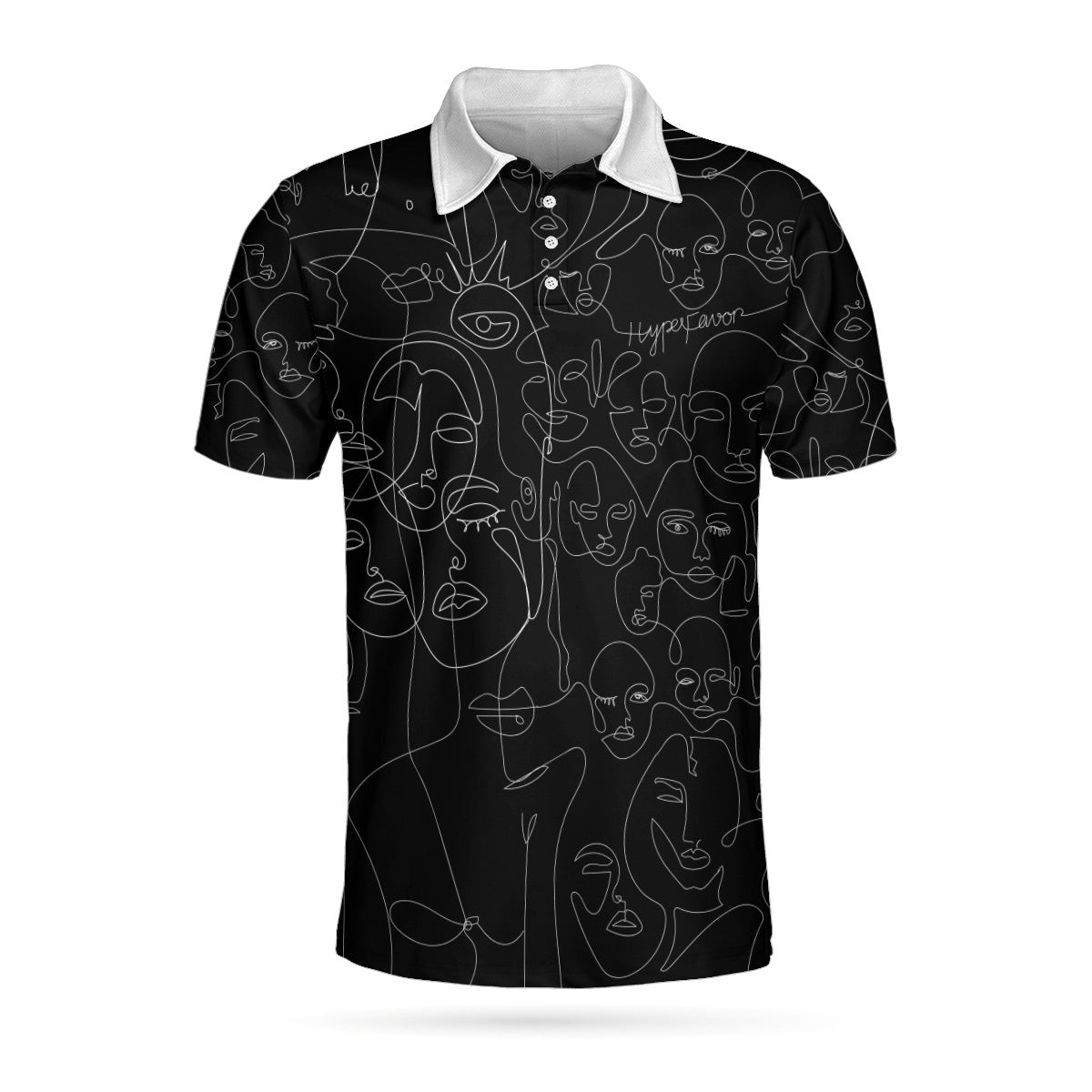 Multiple Face One Line Art Black Version Polo Shirt Black And White Abstract Art Polo Shirt For Men