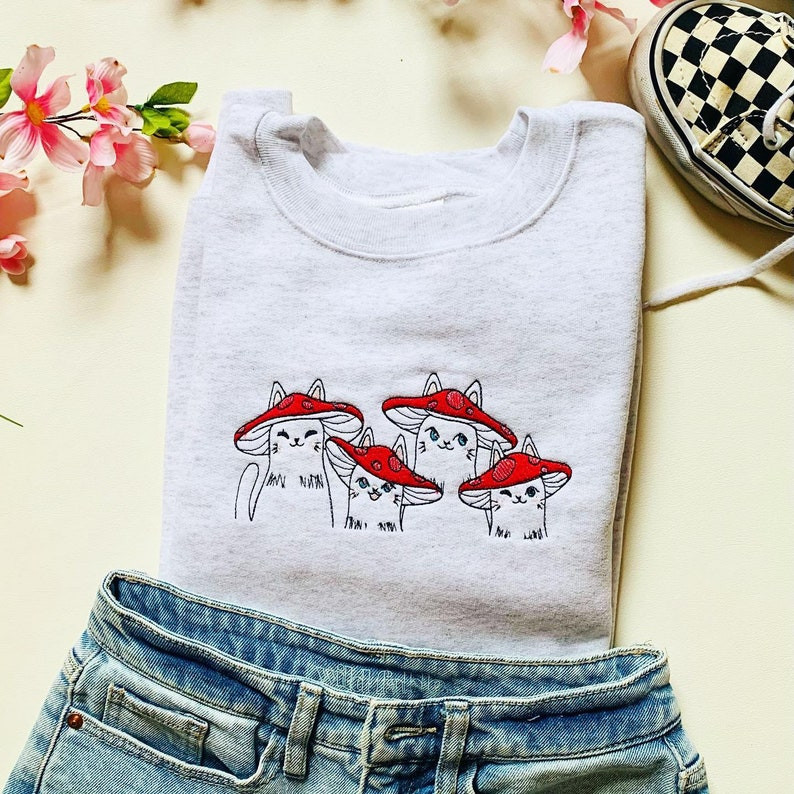 Mushroom Cats Embroidered Crewneck Sweatshirt Gift for Cat Lovers Mushroom Sweatshirt Cat Crewneck