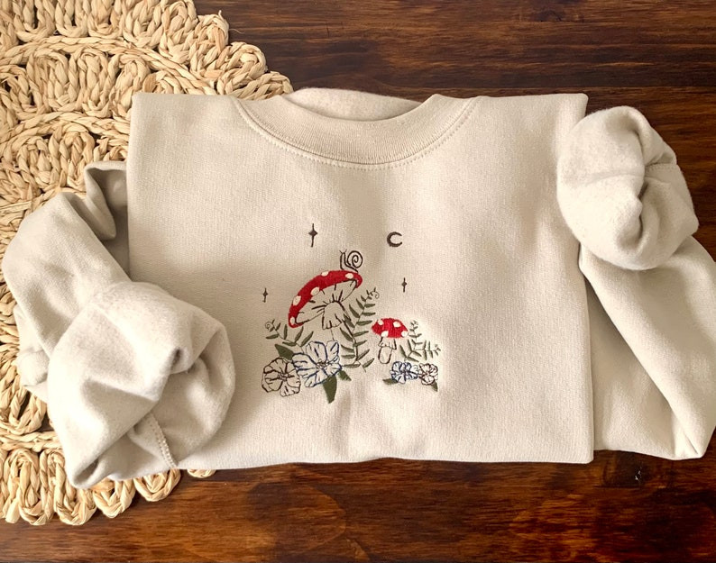 Mushroom Floral Embroidered Crewneck