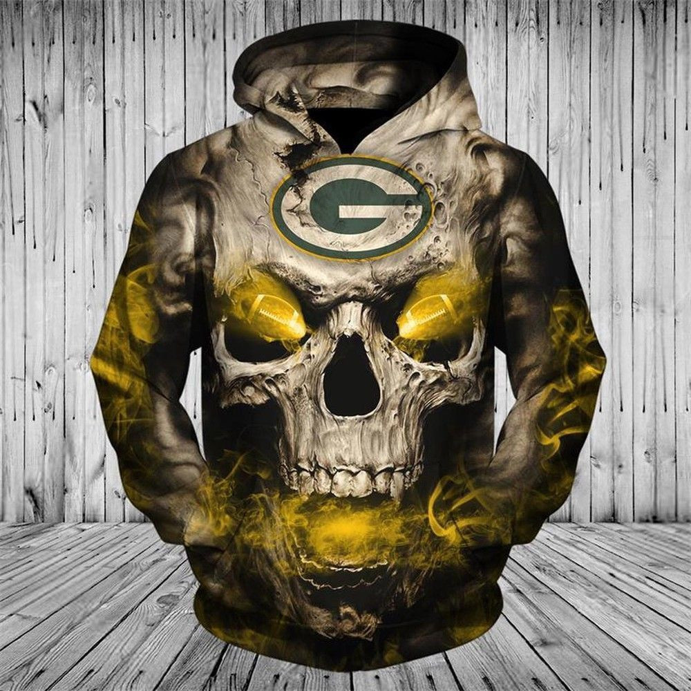 NFL Green Bay Packers Neon Skull Fiery Packers 3D Hoodie Sweatshirt