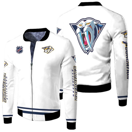 Nashville Predators Nhl Ice Hockey Team Gnash Logo Mascot White Fleece Bomber Jacket