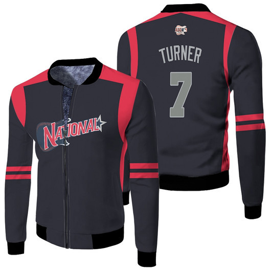 National League Trea Turner 7 Mlb 2019 Allstar Game Workout Navyred Jersey Style Gift For National Fans Fleece Bomber Jacket