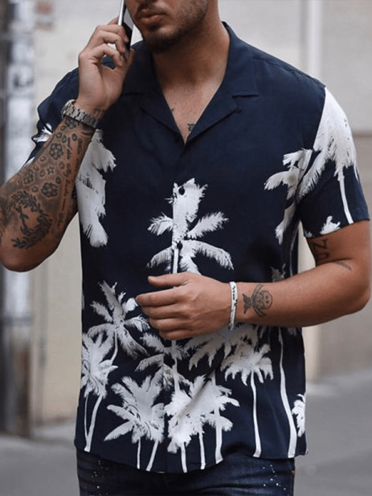 Navy Blue Coconut Tree Casual Beach Shirts For Men Hawaiian Shirt for Men Women