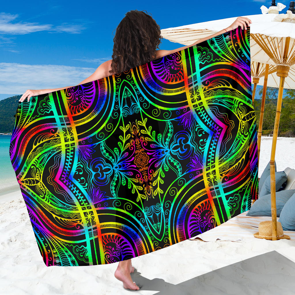 Neon Trible Rainbow Pattern Print Sarong Cover Up Neon Trible Rainbow Pareo Wrap Skirt Dress