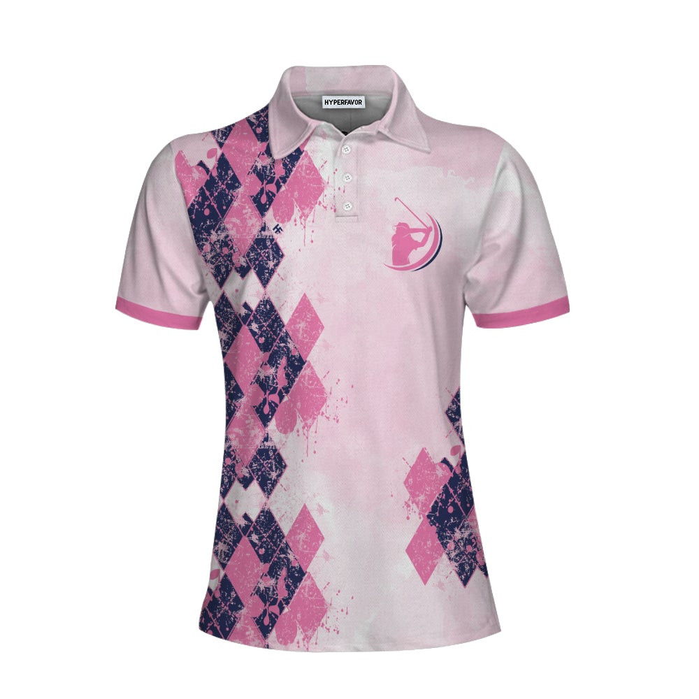 Never Underestimate A Dog Mom Golf Girl Short Sleeve Women Polo Shirt Pink Argyle Pattern Golf Shirt Golf Gift For Dog Lovers