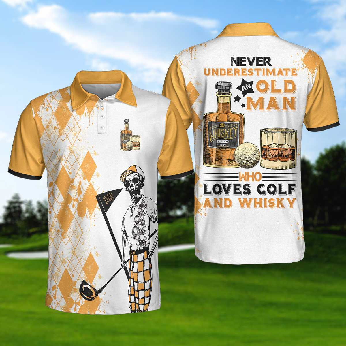 Never Underestimate An Old Man Drinking Whisky Golf Polo Shirt Argyle Pattern Skeleton Golf Shirts Short Sleeve Polo For Men