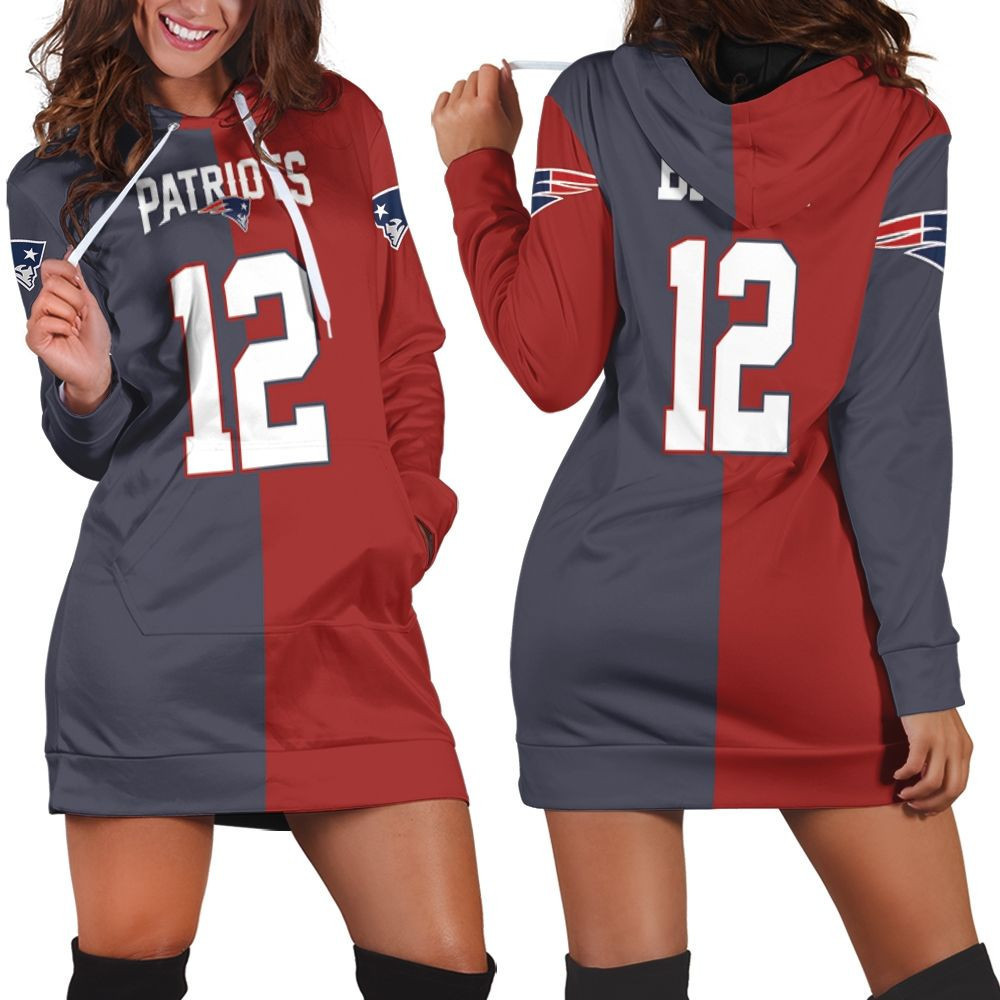 New England Patriots Tom Bradynavy Red Two Tone Jersey Inspired Hoodie Dress Sweater Dress Sweatshirt Dress