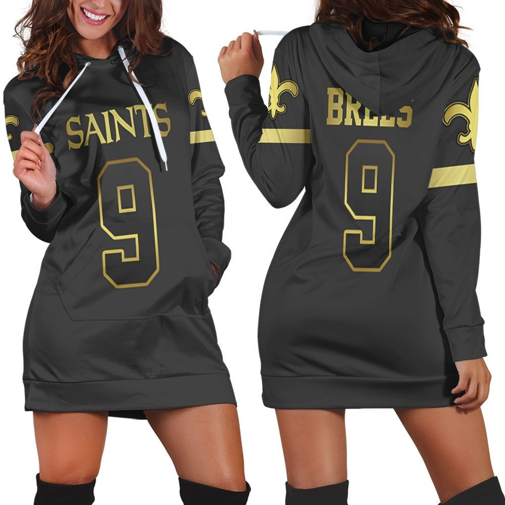 New Orleans Saints 9 Drew Brees Black Golden Edition Jersey Inspired Hoodie Dress Sweater Dress Sweatshirt Dress