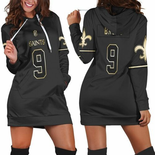 New Orleans Saints 9 Drew Brees Black Golden Edition Mens Jersey Inspired Hoodie Dress Sweater Dress Sweatshirt Dress