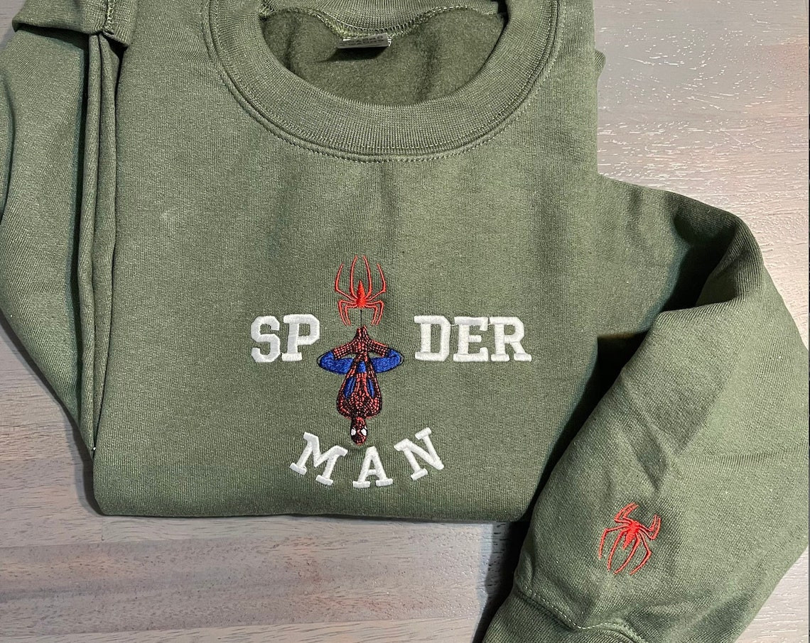 New Trend Spiderman Embroidered Sweatshirt Spiderman Inspired Embroidered Crew Neck