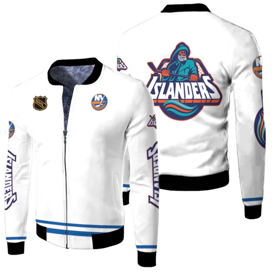 New York Islanders Nhl Ice Hockey Team Sparky The Dragon Logo Mascot White Fleece Bomber Jacket