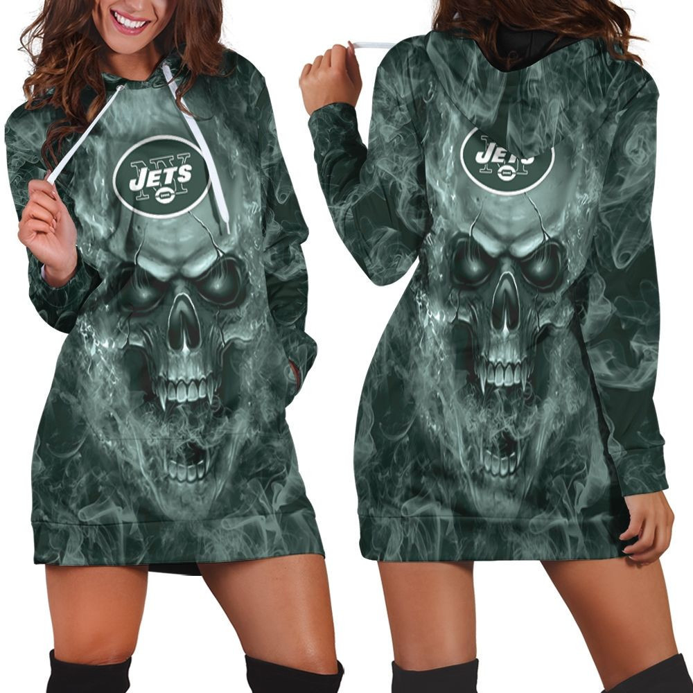 New York Jets Nfl Fans Skull Hoodie Dress Sweater Dress Sweatshirt Dress