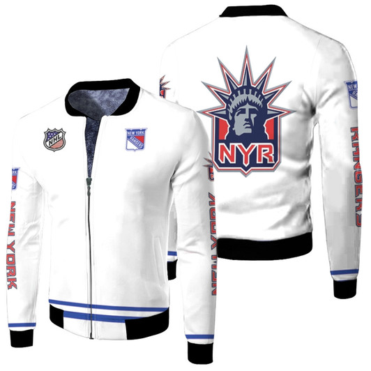 New York Rangers Nhl Ice Hockey Team Logo Mascot White Fleece Bomber Jacket