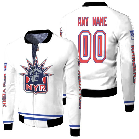 New York Rangers Nhl Ice Hockey Team Logo White Fleece Bomber Jacket